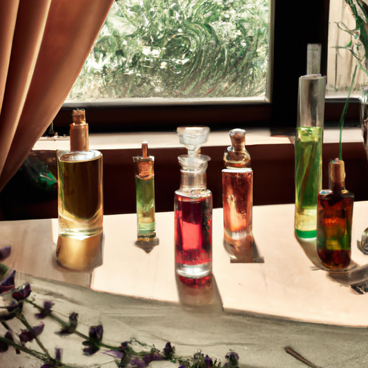 An elegant, minimalist apothecary style room with bright sunlight filtering through sheer curtains, highlighting a collection of delicate glass bottles of various organic clean fragrance oils, placed