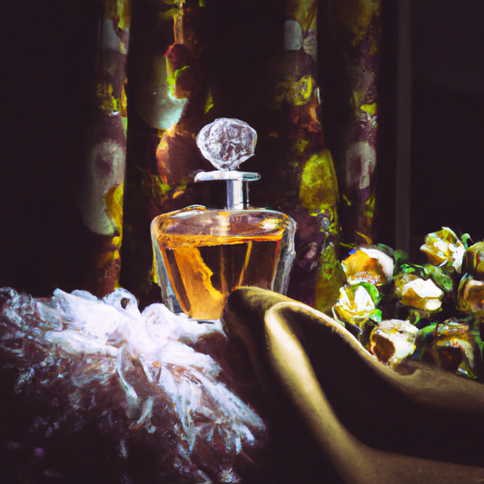 An elegant glass vial filled with shimmering golden perfume oil, surrounded by rare flowers and luxurious silk fabrics, set in a lavish boutique with soft lighting and vintage decor.