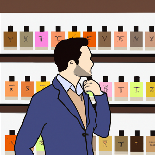 Create an image of a sophisticated and modern man standing in a luxurious fragrance shop, surrounded by shelves of various masculine fragrance oils. The man should exude confidence and style as he cur