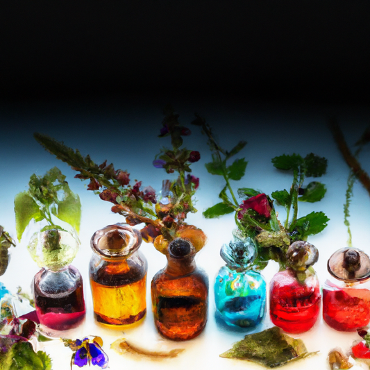 Create an image of a diverse range of vibrant flowers and herbs with delicate droplets of fragrance oil sprinkled over them, highlighting the beauty and essence of floral fragrance oils. Each flower s