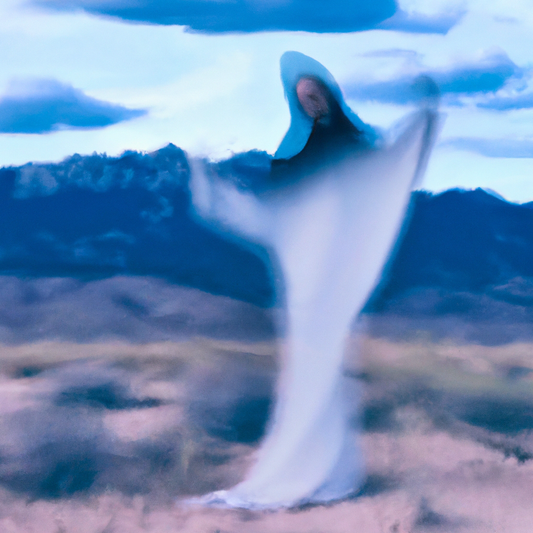 Create an image of a ghostly figure shrouded in the mysterious and desolate landscape of the Mojave Desert. The figure should be ethereal and translucent, with hints of a shimmering ghostly presence. 