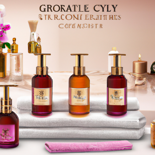 Create an image of a luxurious spa setting with various bottles of high-end body oils displayed on a beautifully decorated vanity table. The scene should exude a sense of relaxation and indulgence, wi