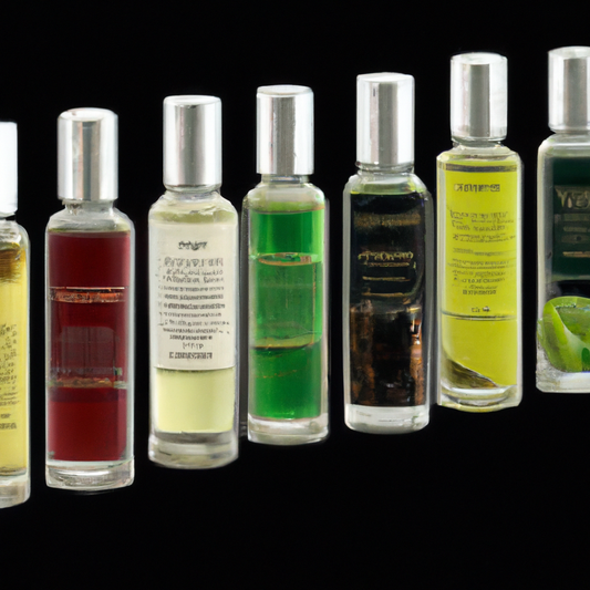 Create an image of a variety of clean fragrance oils in elegant bottles displayed on a shelf, with each bottle labeled with different scents and ingredients. The image should showcase a range of optio