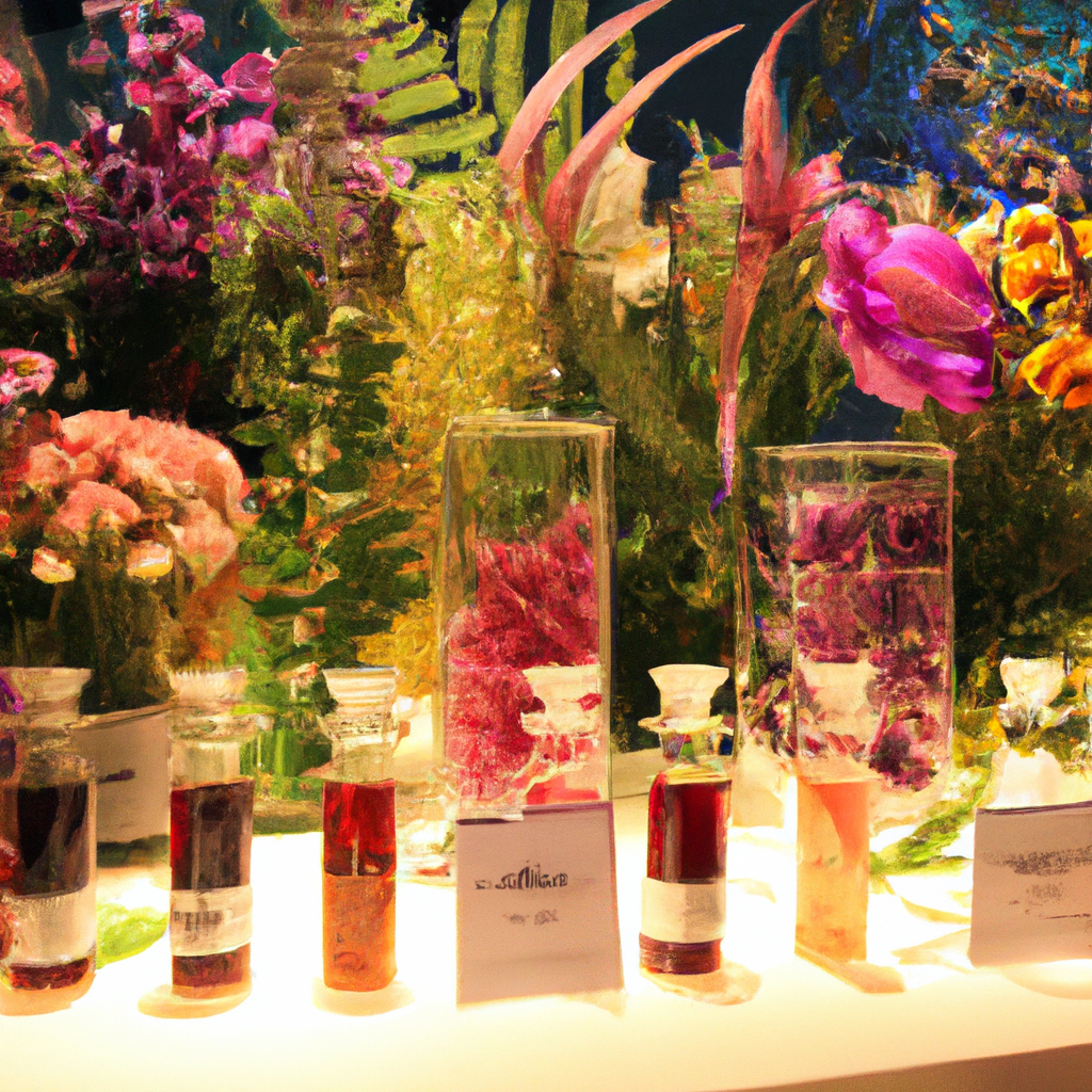 A stunning botanical laboratory filled with glass vials and beakers of various floral fragrance oils, with a backdrop of lush, colorful flowers from around the world, each labelled delicately, under s