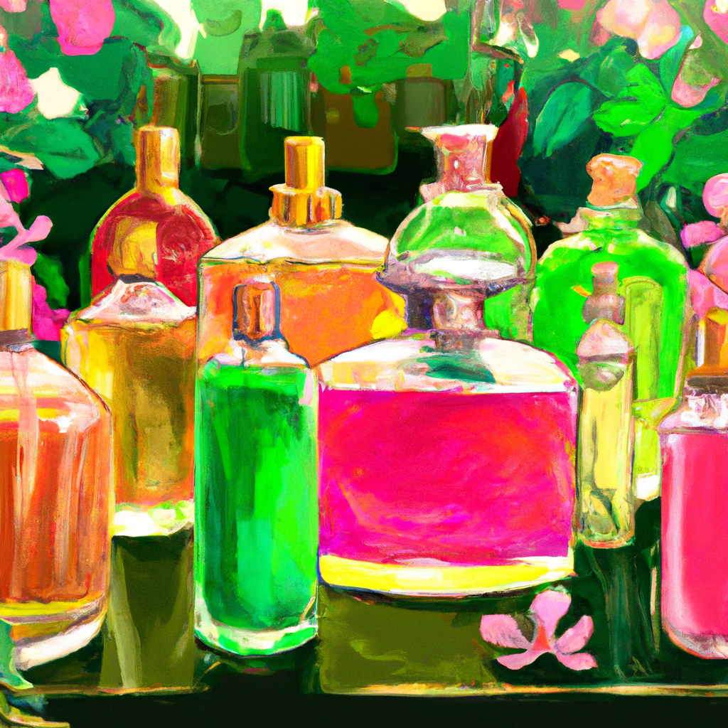 Create an image of a vibrant marketplace filled with colorful bottles of exotic perfume oils, surrounded by lush greenery and blooming flowers. Highlight the diversity of scents and the sense of adven