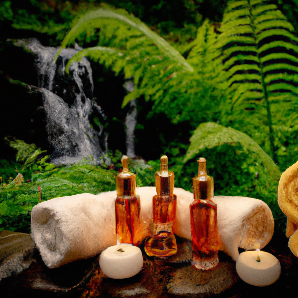 A serene, luxurious spa setting with a selection of elegant, crystal bottles filled with shimmering, golden body oils, surrounded by lush green plants, soft white towels, and candles, with a backgroun