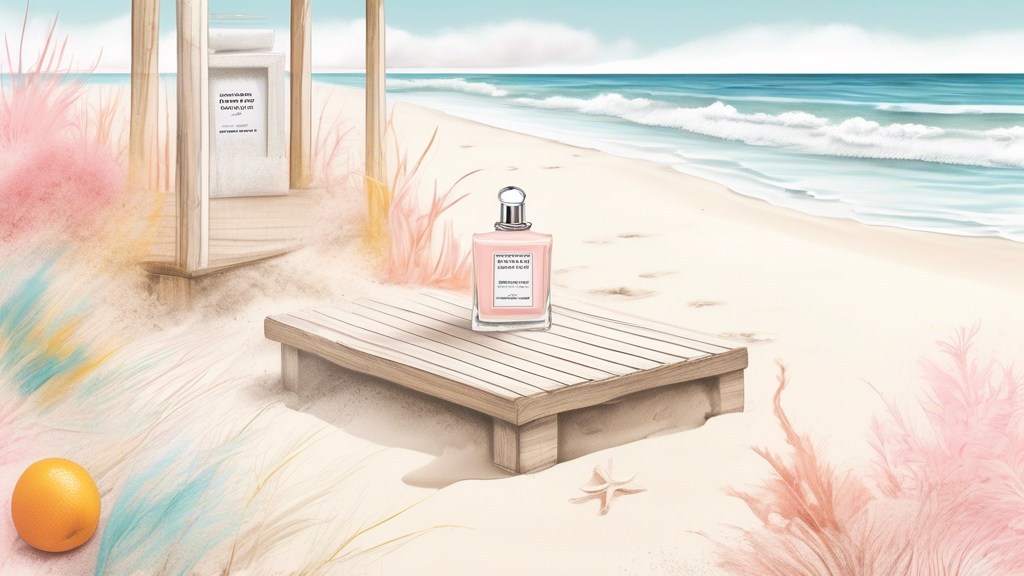 Create an image of a beach boardwalk lined with sensory elements inspired by Maison Margiela's Beach Walk perfume. Include soft sand, sun-bleached wood, sea salt, hints of coconut, and a breeze carryi