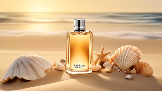 Create an image of a serene beach scene with a bottle of Maison Margiela Beach Walk 100ml fragrance placed on the sand, surrounded by seashells and gentle waves lapping at the shore. The sun is settin