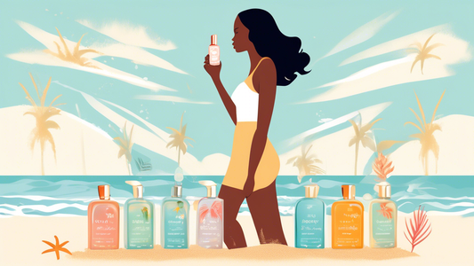 Create an image of a person standing on a sandy beach, holding multiple bottles of perfume in their hands, with various beach-themed scents like salty sea breeze, coconut sunscreen, and fresh ocean ai